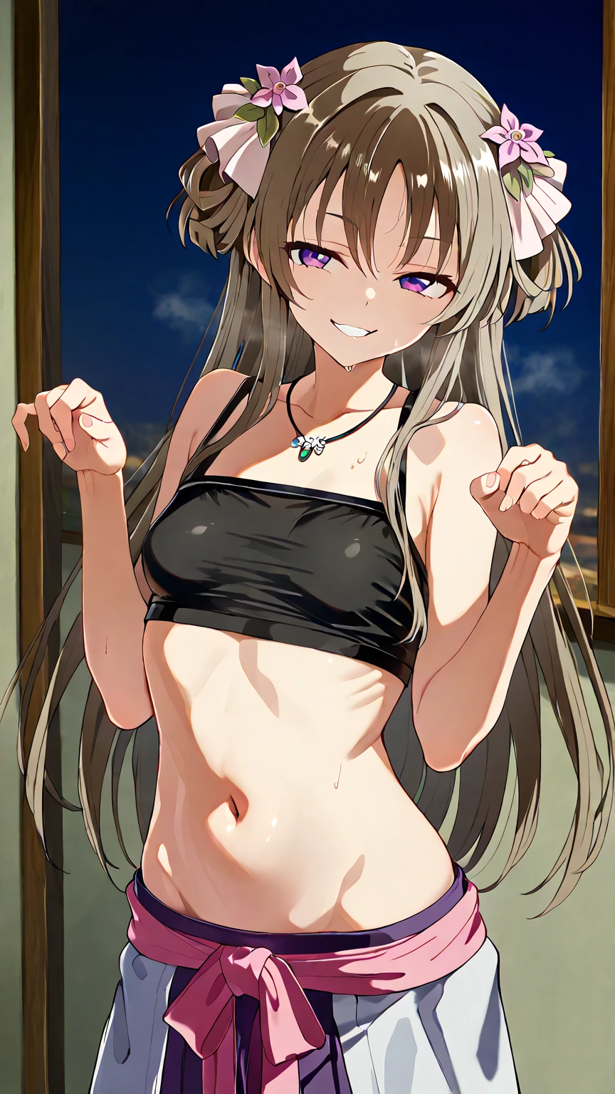 {perfect anatomy},((beautiful face:1.5)),((Pregnant: 0.8)), (((1boy,1girl,reverse upright straddle, penis, vaginal, completely nude, open mouth, nose blush, tongue out, breast grab, arms behind back))), (masterpiece, highest quality, shape, delicate details, 8K:1.3), (studio light, best shadow, picturesque, style adder), (clothed sex:1.4),((KanColle)),(table top, highest quality:1.2),
masterpiece, highest quality, High resolution, break,Bumrasa, long hair, two side up, Hair flap, hair clip, heterochromia, red eyes, brown eyes, medium breasts, cleavage, sailor bikini, black bikini, bikini skirt, white skirt,break,