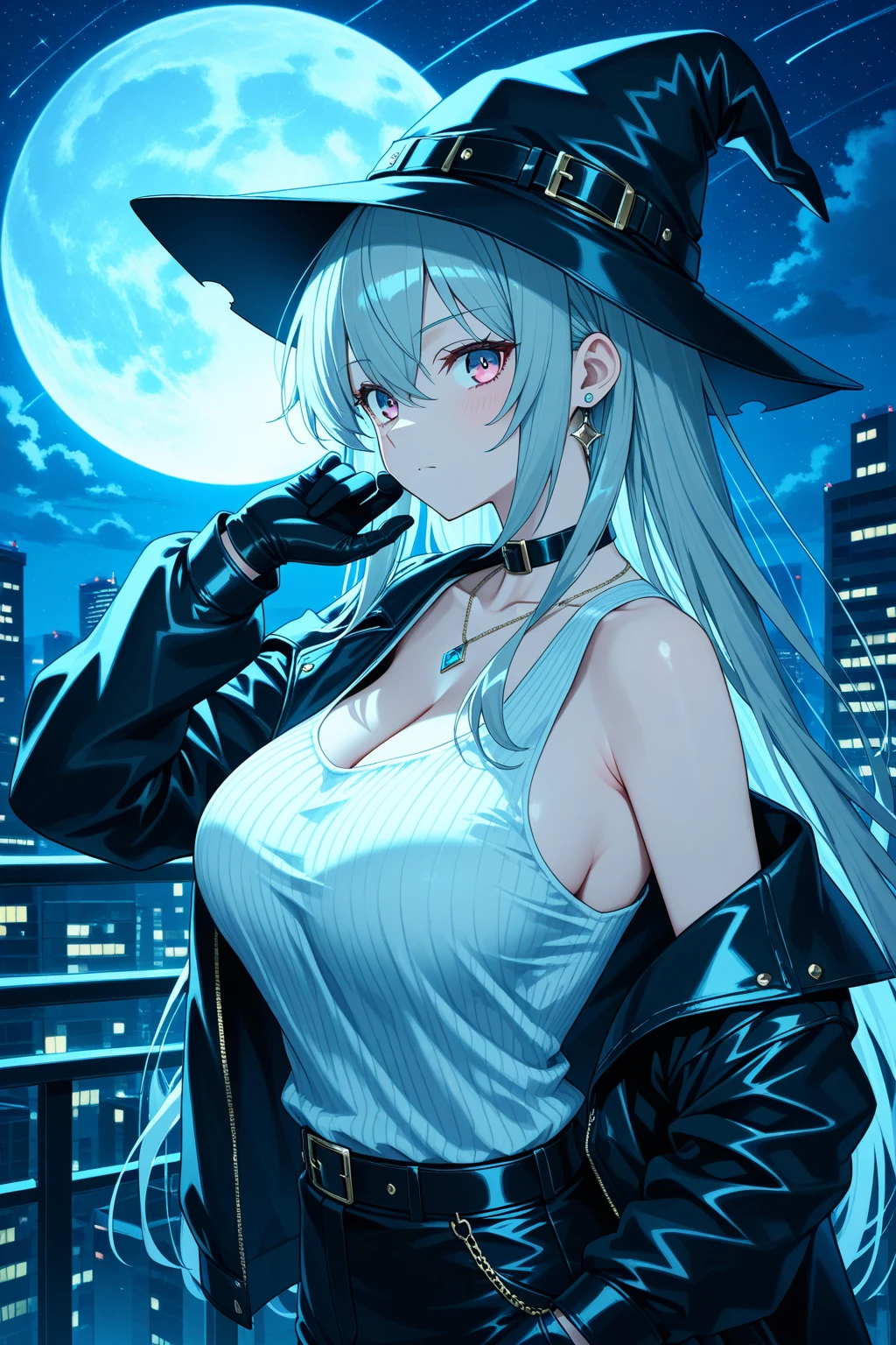 Late Night Tokyo、This is the rooftop of the tallest building in Tokyo.、You can look down on the city buildings from here.、1A girl stands sighing at the world、It's night now、サファイアのアクセサリーが付いている大きな黒いwitch hatを被っているCompletely nakedの女性、Completely naked、I can see her boobs, navel, pussy, clitoris and labia majora.、knee-length black stockings、Short dark blue loose lob hair、Small breasts、R-18 illustration、