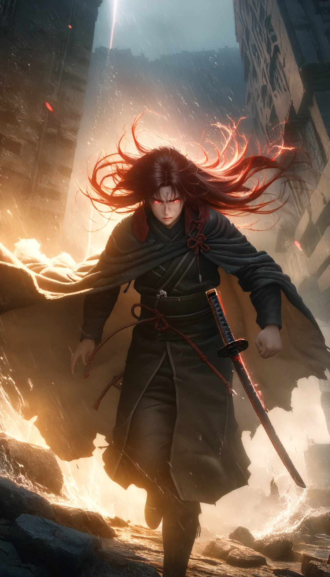 (masterpiece, best quality, ultra-detailed, best shadow), (detailed background,dark fantasy), (beautiful detailed face), high contrast, (best illumination, an extremely delicate and beautiful), ((cinematic light)), colorful, hyper detail, dramatic light, intricate details, (1 girl, solo,red hair, sharp face,low twintails,red eyes, hair between eyes,dynamic angle), blood splatter, swirling black light around the character, depth of field,black light particles,(broken glass),magic circle, ash particles, dulux, queen of demon girl, evil grin, <lora:flamingEyeConcept_flamingEye:1.4> <lora:bf34ArtsStyleLoraBeta_v10:1> <lora:epiNoiseoffset_v2Pynoise:1>