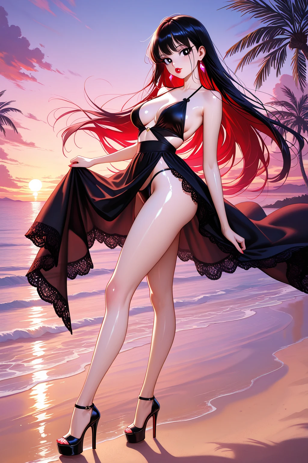 standing on the sand, sunny,<lora:Karina_(Darmchirk):0.7> ((Karina_(Darmchirk),make up, red eyes, black dress, white hair, long hair, multicolored hair)),