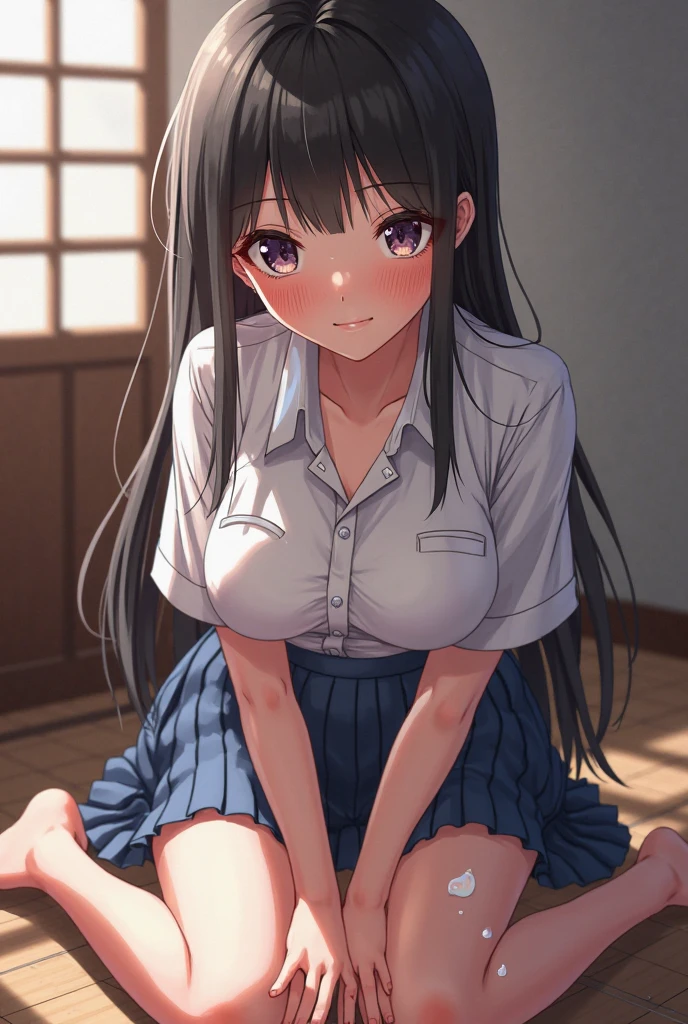 masutepiece,Best Quality,hight resolution,Ultra-detailed,bbmio,Black eyes,Long hair,hime-cut,Blunt bangs,Sakuragaoka High School Uniform,School uniform,Short sleeves,Sweater Vest,Neck ribbon,Collared shirt,White shirt,grey skirt,Brown Footwear,Indoors,Standing,Cowboy Shot,Smile,discussion,NSFW, Full nude, Nipples, Navel, blush, Sweat, Juice,