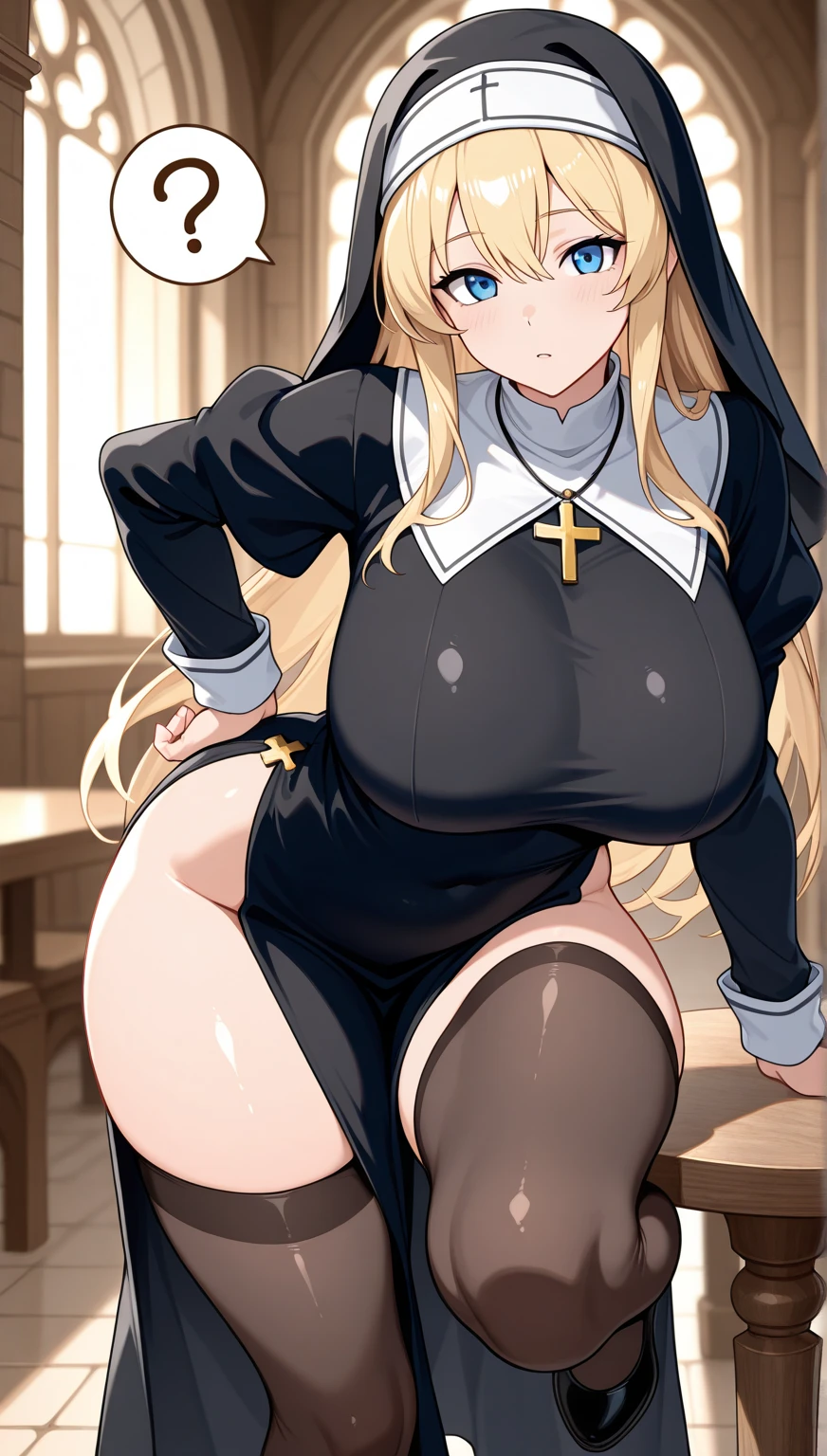 masterpiece, Highest quality, Official Art, Highly detailed CG Unity 8k wallpaper, Detailed Background, (Handcrafted by Guido Daniele), (Finger details), Mature Girl 1, (Curvy), (Nuns), (Bible in hand, A book with a cross on the cover:1.12), (standing in church), (Nuns gown:1.12), (Chest Curtain:1.4), (Nuns skirt:1.11), (White Garter Straps Garter Belt:1.12), (Blonde long hair:1.12), (Hair Intake:1.12), (Green Eyes:1.2), blush, (Loving smile, holy smile), (Huge breasts:1.5), (Long chest, Saggy breasts:1.3), (Let go of my chest), Tight waist, Shiny skin, (Cross Necklace), indoor, (Sacred Scene), (church:1.11), (Sunlight streaming through stained glass),(((sagging breasts))),milf,nun,sideboob,underboob,breast focus、((Sit back、Sit with your legs apart))、((Bow-legged))、((thigh focus:1.5))、Monastic Clothes、White panties、spread legs、Shooting from diagonally in front