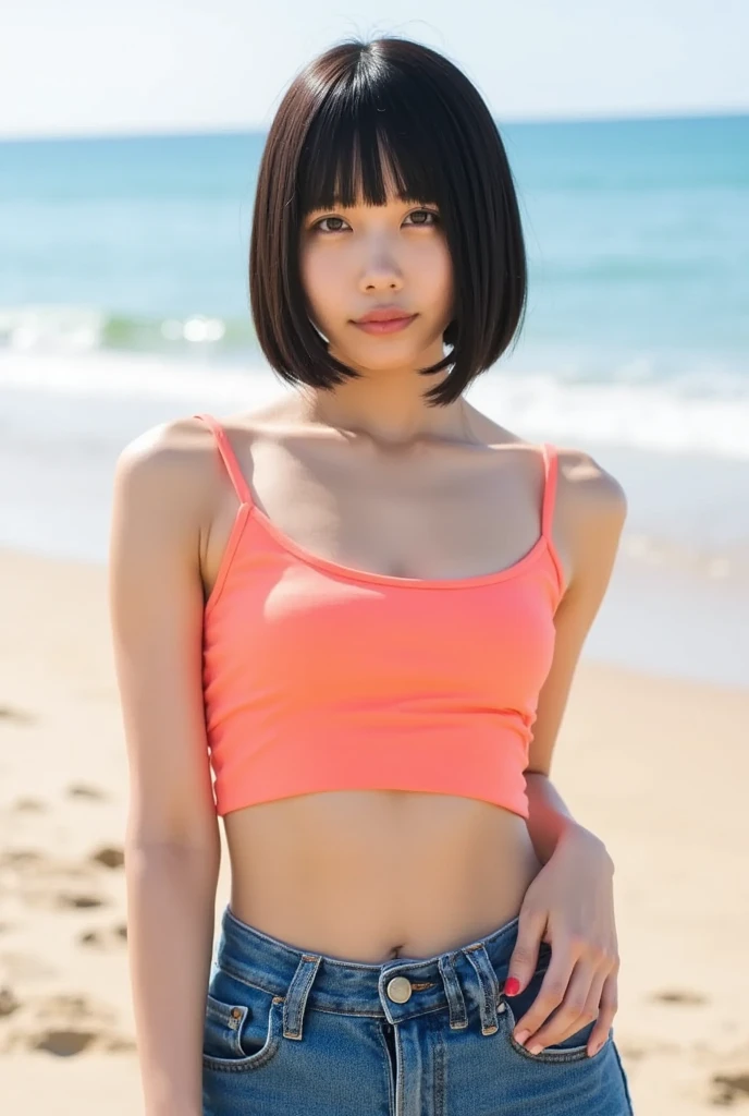I agree to stand on the beach by the sea。She is wearing a black tank top and blue short jeans.。Short black hair down to the shoulders、I put my hands behind my head。Justice sees palm trees and the beach。White clouds are floating in the clear sky。In an anime-style style、Bright colors and realistic details。 ``` - **