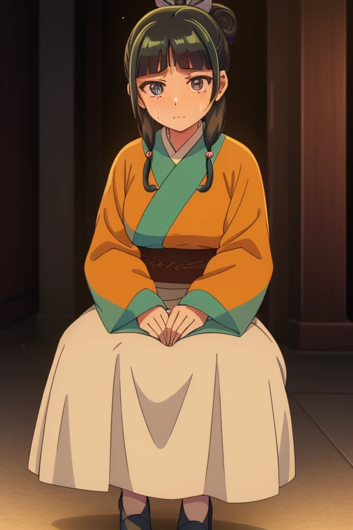 ((masterpiece, best quality)), (1girl), (solo), (female focus), female kimono holding weapon of naginata, strong makeup, Medium breasts, tall woman, Yellow eyes, constricted pupils, empty eyes, sadistic expression, Yandere, Brown hair, dynamic angle, ultra detailed, 8k resolution, depth of field, sharp focus, SFV, deep shadows, Garden Background, Blue, detailed hands,Shy looking, looking down, menacing position, standing tall and looking down,Short Brown hair