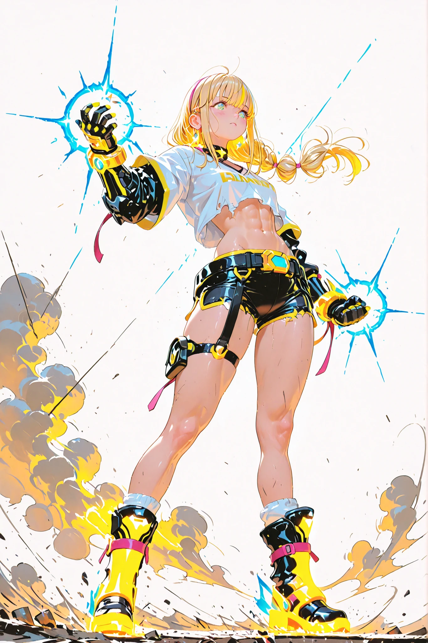A powerful blonde warrior girl with wild, spiky hair flowing upward with glowing streaks, reminiscent of a supernatural energy transformation. Her expression is fierce and furious, eyes glowing with intensity. She wears an extremely short and tight pair of shorts that emphasize the lines of her firm thighs and lower abs. Her body is athletic and curvaceous — strong legs, thick thighs, wide hips, and an extremely narrow waist. She wears large, heavy boots and thick armored gloves with a futuristic design. Her chest is firm and prominent under a torn, short white V-neck shirt, exposing her toned midriff. The shirt has short, ragged sleeves, showing battle wear. Bright energy (ki-like) explodes around her body in swirling waves, crackling with raw power. She stands in a powerful pose on a cracked battlefield, dust and wind swirling around her. High detail, dynamic lighting, cinematic anime-style.