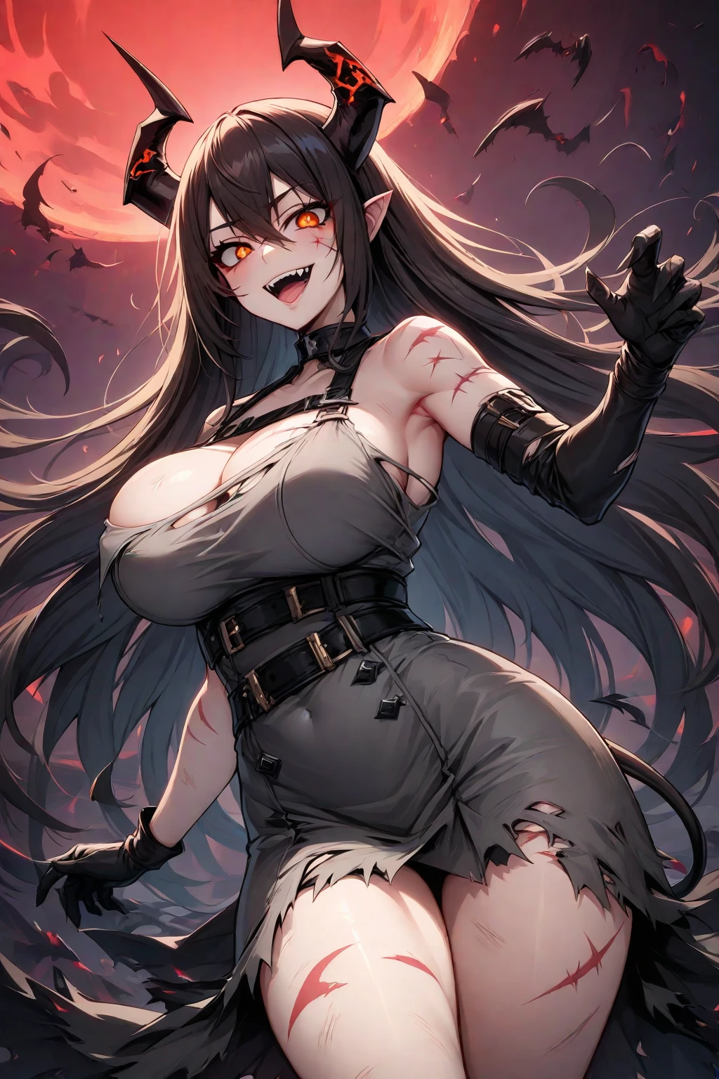 (masterpiece, best quality), ((1girl, (mature female) long hair), (star-shaped pupils,  +_+, symbol-shaped pupils, sparkling eyes), (cat ears, open open mouth)), (looking at viewer, light smile, off shoulder), (abstract, multicolored background, abstract background, chromatic aberration), vampire, blood on face, blood on clothes, bat wings