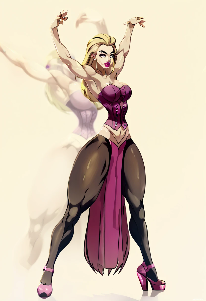 front view, seen from front, 1female, orthographic, solo, full body, arms outstretched, open arms, arms open, standing, t-pose, tpose, t pose, very shiny gold metal corset, black leggings, huge thighs, big breasts, thin waist, narrow waist, huge ass, toned, thick calves, pink heels, muscular legs, abs, long legs, long hair, thin arms, thin shoulders, slender shoulders, slim shoulders, detailed face, lipstick

