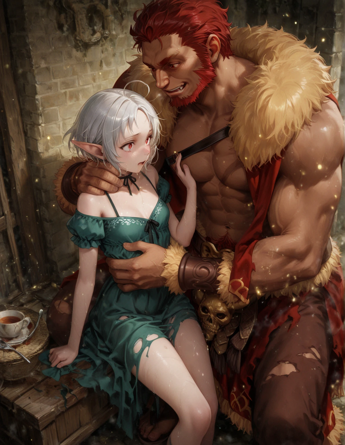 demon boy, human skin, virgin killer sweater, tattered black pants, muscular, t, hand above head, , hell back ground, black horns, demon horns, body , on knees, Silver hair short,