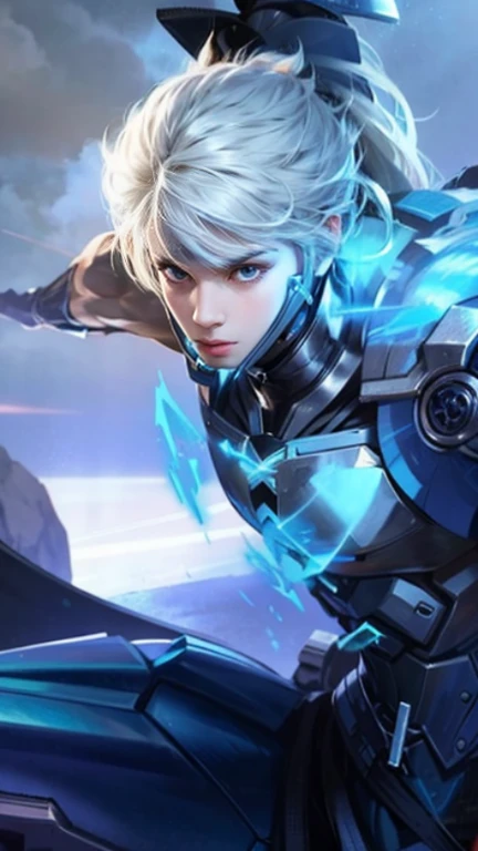 ninja, blue ninja suit, pretty face, serious face, white hair, blue eyes, lightning eye effect, perfect body, fit body, big breasts, muscular, black mouth mask, bokeh, UHD, side lighting,