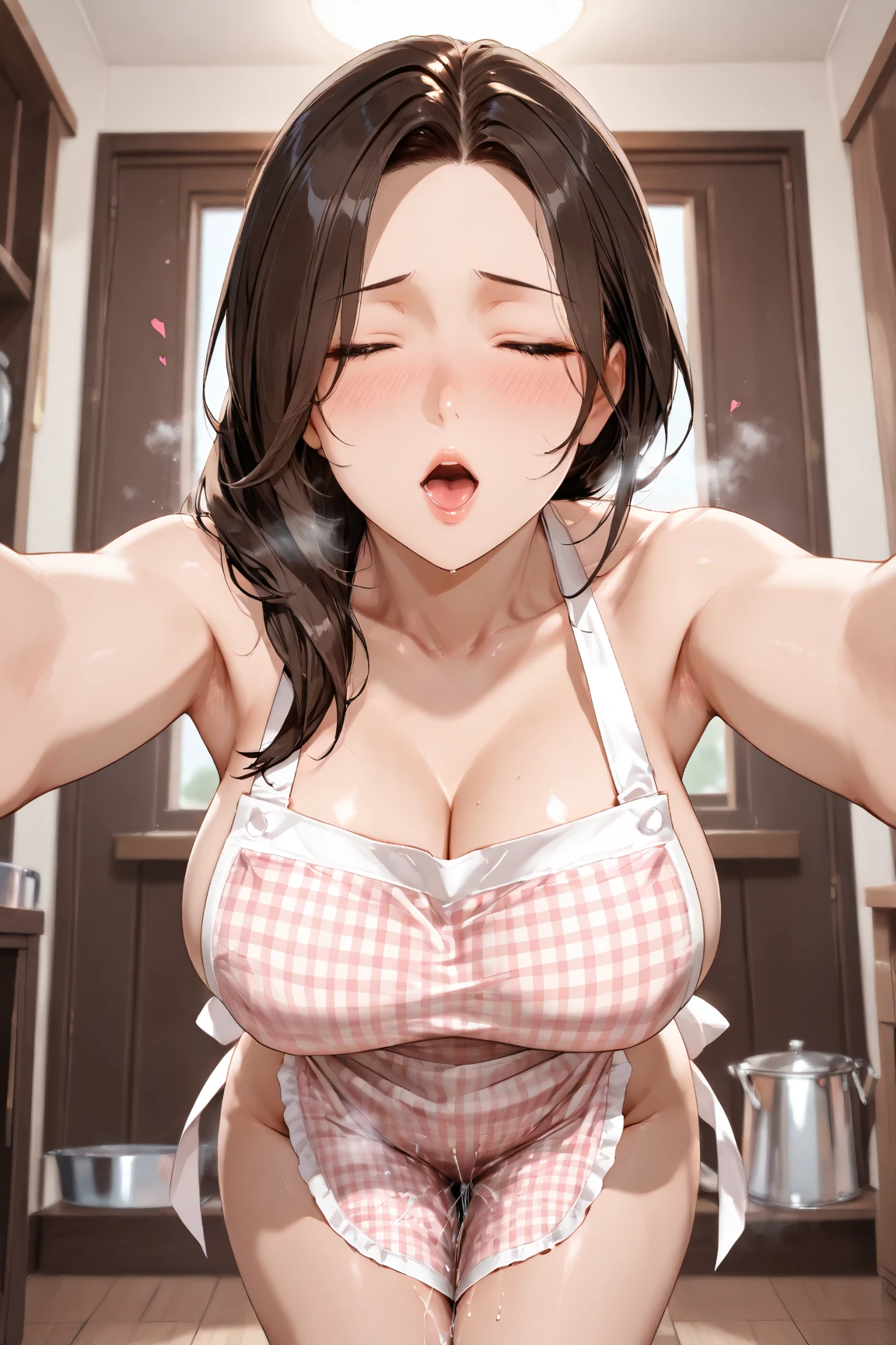 (highest quality:1.2, Comic Artwork, High Detail, Very detailed, Latest, Vibrant, digital coloring, High Contrast, masterpiece:1.2, highest quality, Best aesthetics), One woman,Perfect hands, Perfect Fingers, Perfect Anatomy, morning, Black Hair, blue eyes, Long Hair, (naked, Pink Apron:1.3), kitchen, From below, Are standing, (Open your mouth, Sticking out tongue), Put your hand to your mouth, Big Breasts, Upper Body, Heart Necklace, (Leaning forward:1.2)