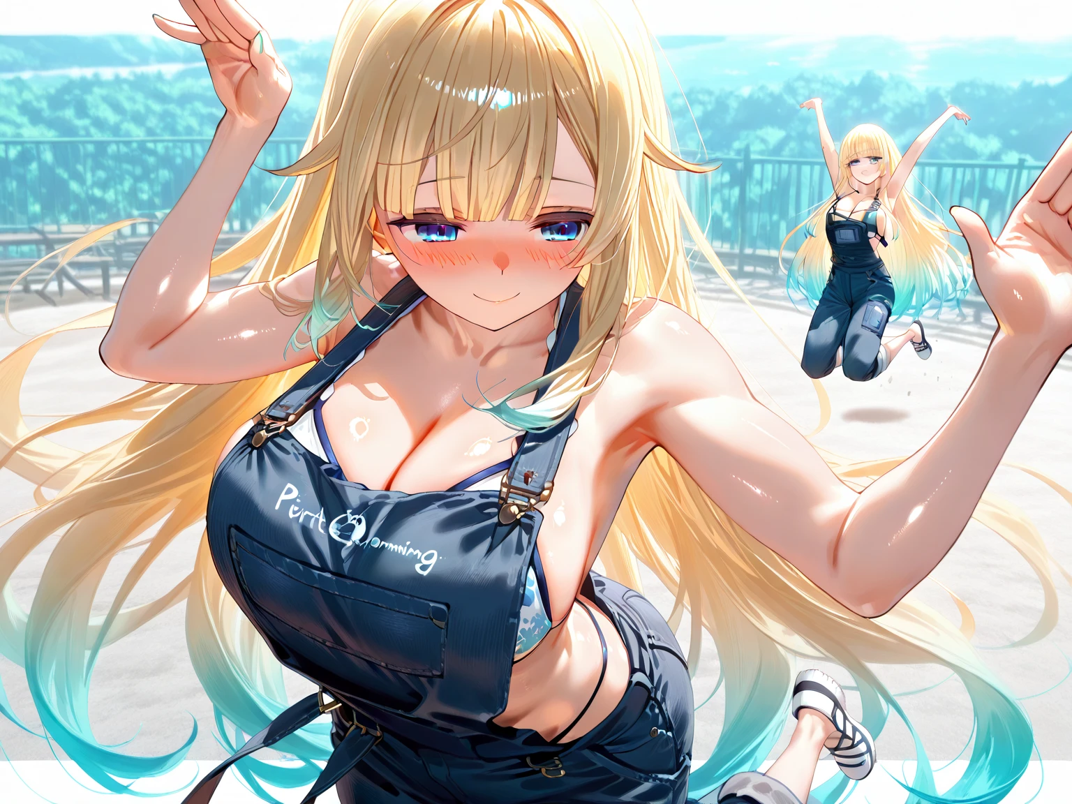 ((Best Quality)), (ultra-detailliert), ((Extremely detailed)), (Beautiful), ((Kawaii Girl)), ((UHD)), (masterpiece), (high quality), (best quality), (4K), (high quality), 1, solo woman, 1woman, ((platinum blond hair)), parted bangs, ((hair intakes)), long hair, (hair two side up long), ((jade colored eyes)), slanted eyes, large breasts, slender body, competition swimsuit, Pool Background, (blue sky:1.3), solar, sunlight, anime
