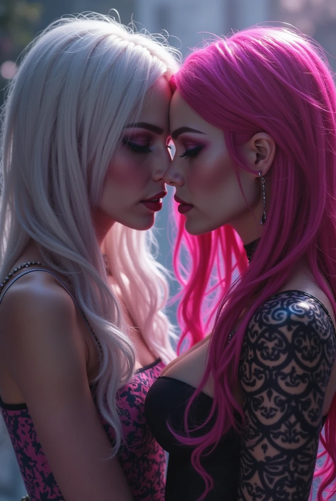 yuri, kiss, 2 young women, 20 years old, gothic style corset, multiple girls, perfect body, long hair, perfect night (le sserafim), best quality, cinematic, multicolored hair, castle, sunset, tight clothes, yuri, kiss, GothicC, makeup, lipstick, mascara, black nails, punk, yuri, kiss, punk, 2 young women, 20 years old, gothic style corset, multiple girls, perfect body, long hair, perfect night (le sserafim), best quality, cinematic, multicolored hair, castle, sunset, tight clothes, yuri, kiss, GothicC, makeup, lipstick, mascara, black nails