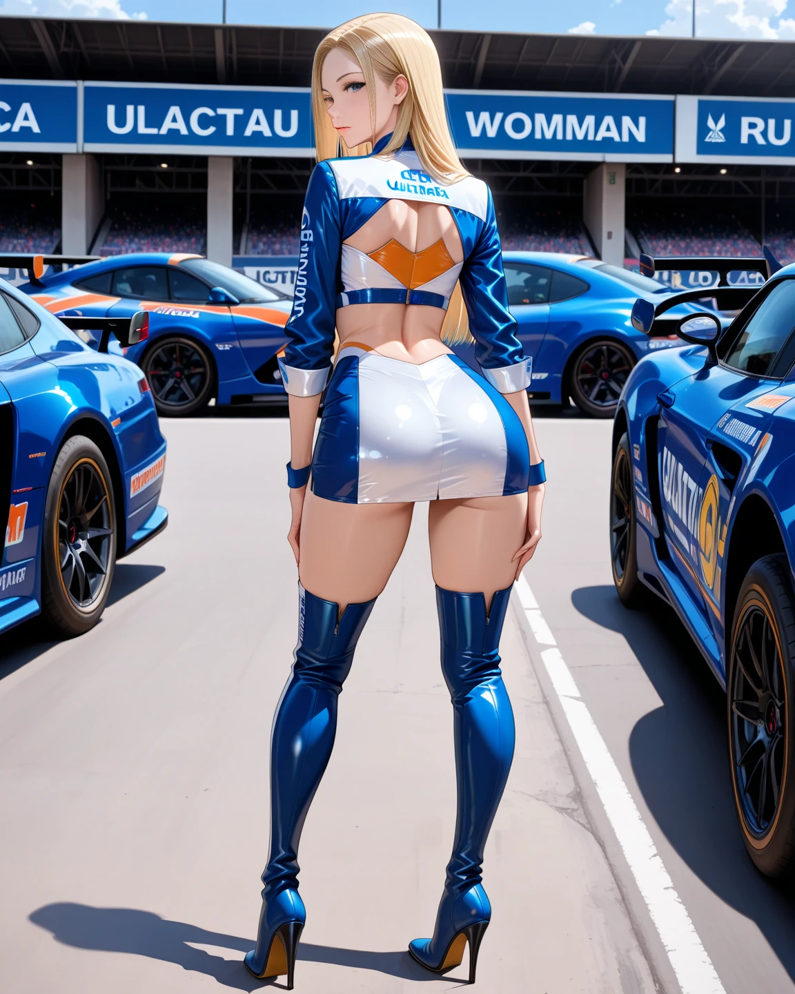 baltimore (flag bearer at the finish line) (azur lane),cosplay,smile, closed mouth,huge breasts,huge ass,魅惑的なsmile,japanese girl, ラテックスビキニを着て自動carの前に立っている女性の写真, lace queen, 1 girl, car, 自動car, brown hair, cropped jacket, have, short hair, alone focus, T-back,blue jacket, panties,think back, alone, 1 girl, baltimore (azur lane), Thighhighs, gloves, uniform, braided bangs, short hair,underwear, yellow eyes,masterpiece,highest quality,ultra high resolution, alone, white and shining skin,pink glossy lips, eyelash, bangs, compensate, skin texture,cosplayer, same,from behind,