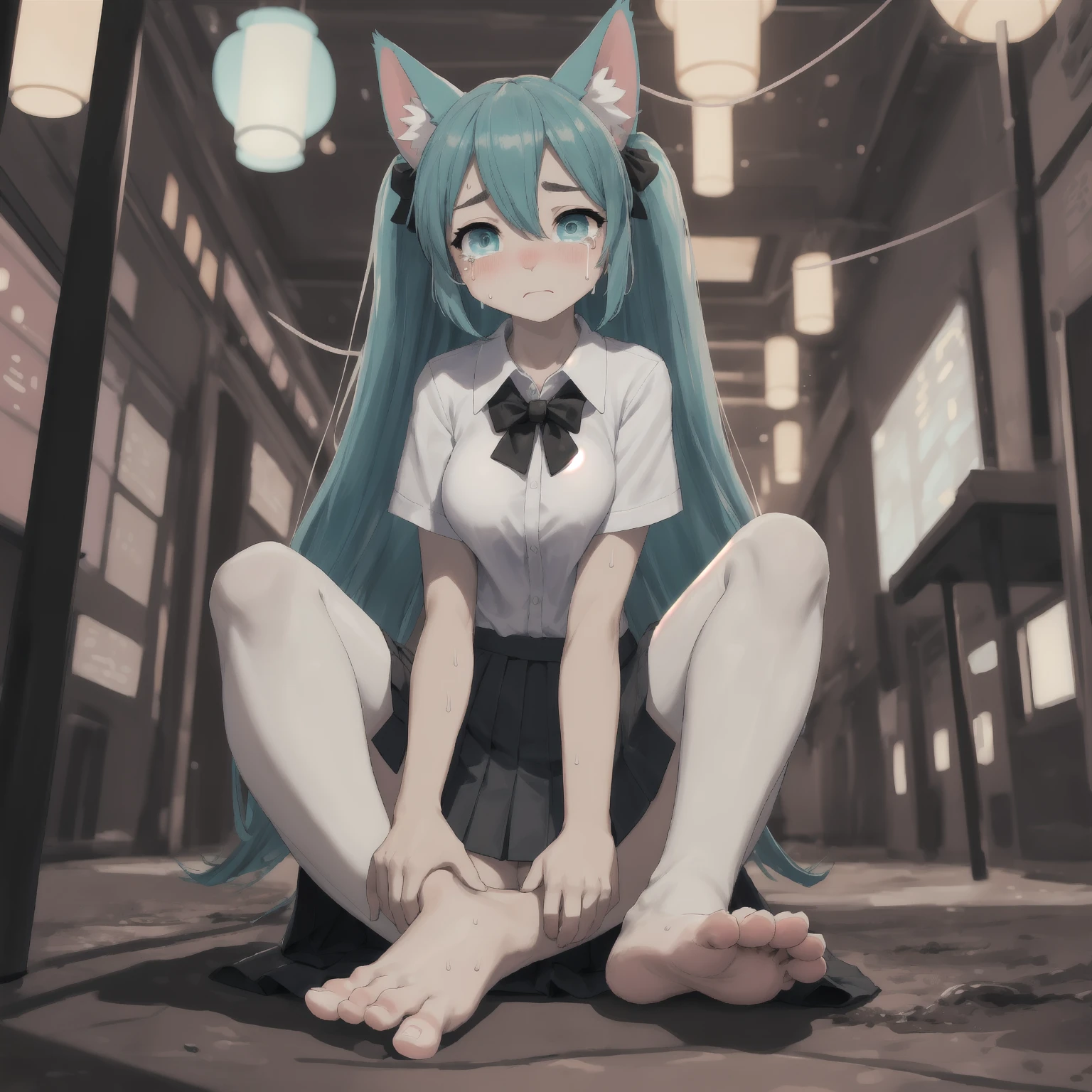 Anime girl in futuristic mecha armor costume holding headphones, Cute cyborg girl, Digital Cyberpunk Anime Art, Girl in Mecha Cyber Armor, cyberpunk beautiful girl,((Tons of accessories))、The wind is blowing、Well-formed face、Girl Naked、barechested、((Nothing is worn))、fullnude、Naked 14 years old、fullnude、8Head and body、a small face、A slender、Very skinny、skinny、tiny chest,Ribs、discreet breasts、Smaller chest、small tits、beauty legs、Constricted waist、dented belly、Model body type、Beautiful hair、Backgrounds that look like real photos、(((Crowded squares)))、outside of house、(Sex slaves)、(Thigh strap for only one leg)、Happy face、(((Wear a dog collar)))、((Clear is female))、fullnude、posterior view、((The view is amazing.))、Become an object、(((Wearing an insertion-type cat tail in the anus)))、1、Clitoral chain