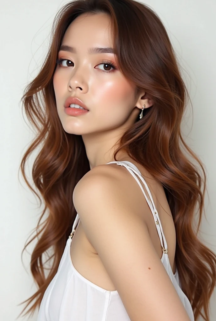 Best quality，tmasterpiece，1girll，red tinted hair，short detailed hair，eBlue eyes，shiny skins，sunflare，an award winning photograph, Wide-angle photo on the catwalk, stage lighting，Healthy body, closeup cleavage, with dynamism, Photorealistic, Realistic, Dramatic, Dark, Sharp focus, 8K，20yr old，fully body photo（（top-quality，8K，tmasterpiece：1.3）），Sharp focus：1.2，Beautiful Women in Perfect Figure：1.4，The abdomen is slender：1.2，（（Layered Hair Style，：1.2）），Large breasts 1.3，Small yellow floral miniskirt，（distance：1.2），Moist body：1.1，Very delicate face and skin texture，Detailed eyes，二重まぶた， suntanned skin，Raised sexy，marron marron，Real skin，Real eyebrows，Blue eyeballs，perfect proportion of body，facing away from the audience，Twist back，Exercise posture，looking at viewert，Gaze towards the viewer，Catwalk walk