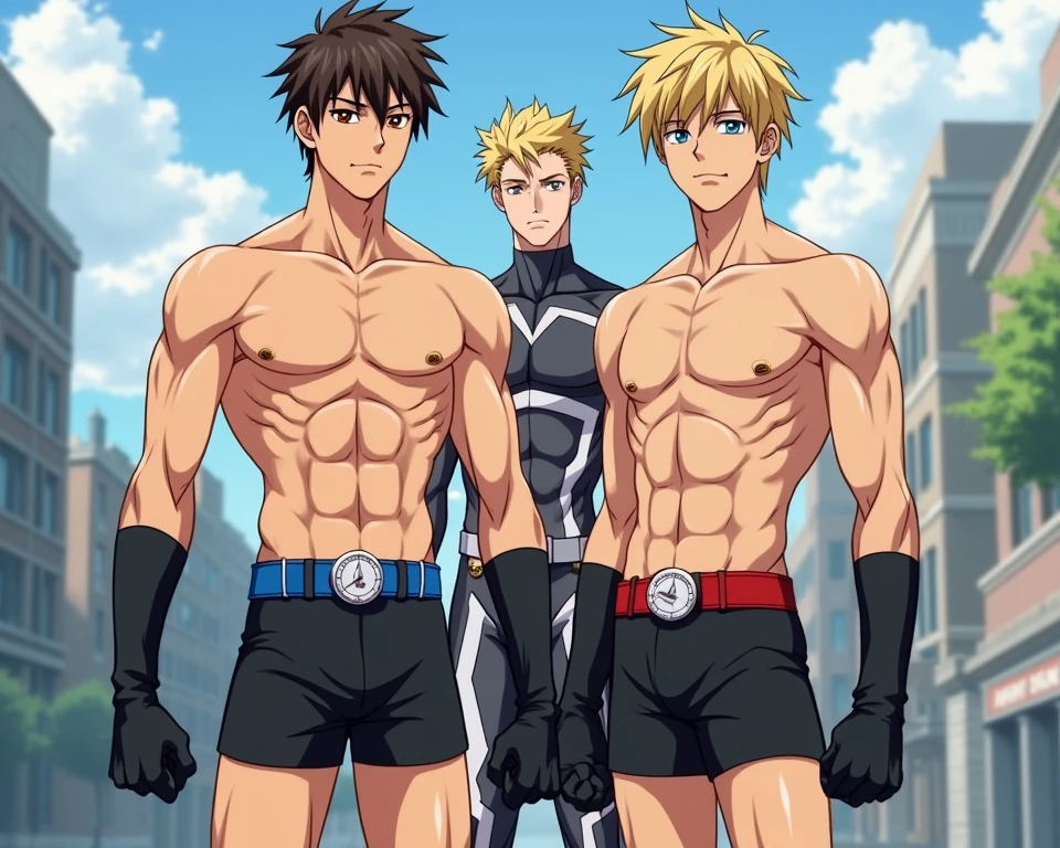 3 guys, Very beautiful, 1 guy with long black hair, grey eyes in tight black leggings, beautiful body, 2 blonde guy with a pumped body, brown eyes, 1 guy with long black hair, grey eyes in tight black leggings, 3 guy with orange hair in loose grey shorts, Blue eyes, beautiful faces, realistic, anime art, masterpiece, Very beautiful