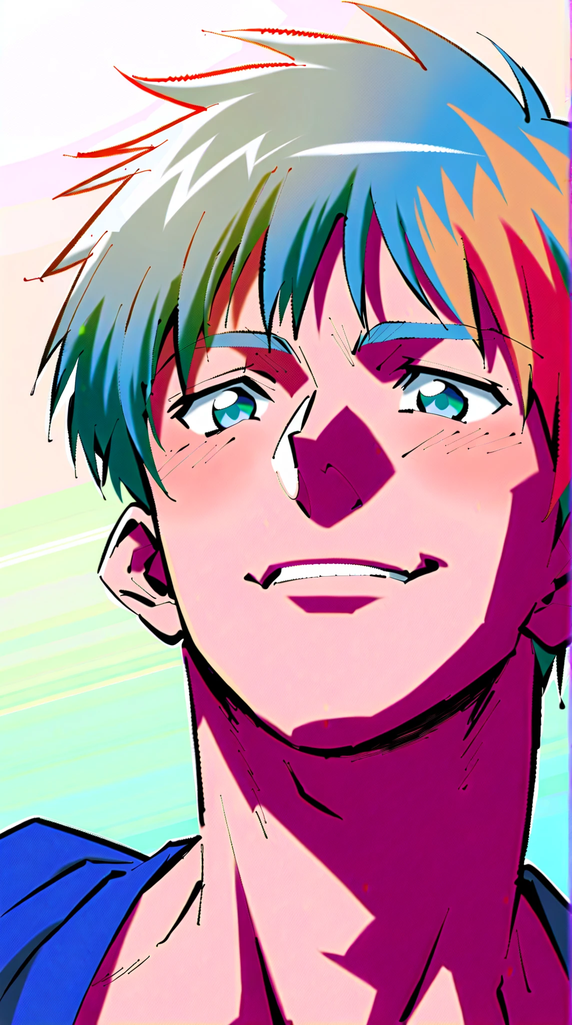 a anime of a boys manga, brown hair color, deepskyblue shirt color, open mouth, sweat, sweatdrop, tired, color manga, manga color, color manga, color manga panel, simple background