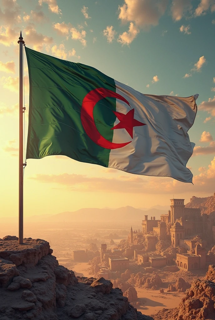 Drapeau algérien qui flotte au sommet du monde de couleur vert croissant lune et étoile rouge et blanc écrire en anglais il ne flotte pas comme les autres