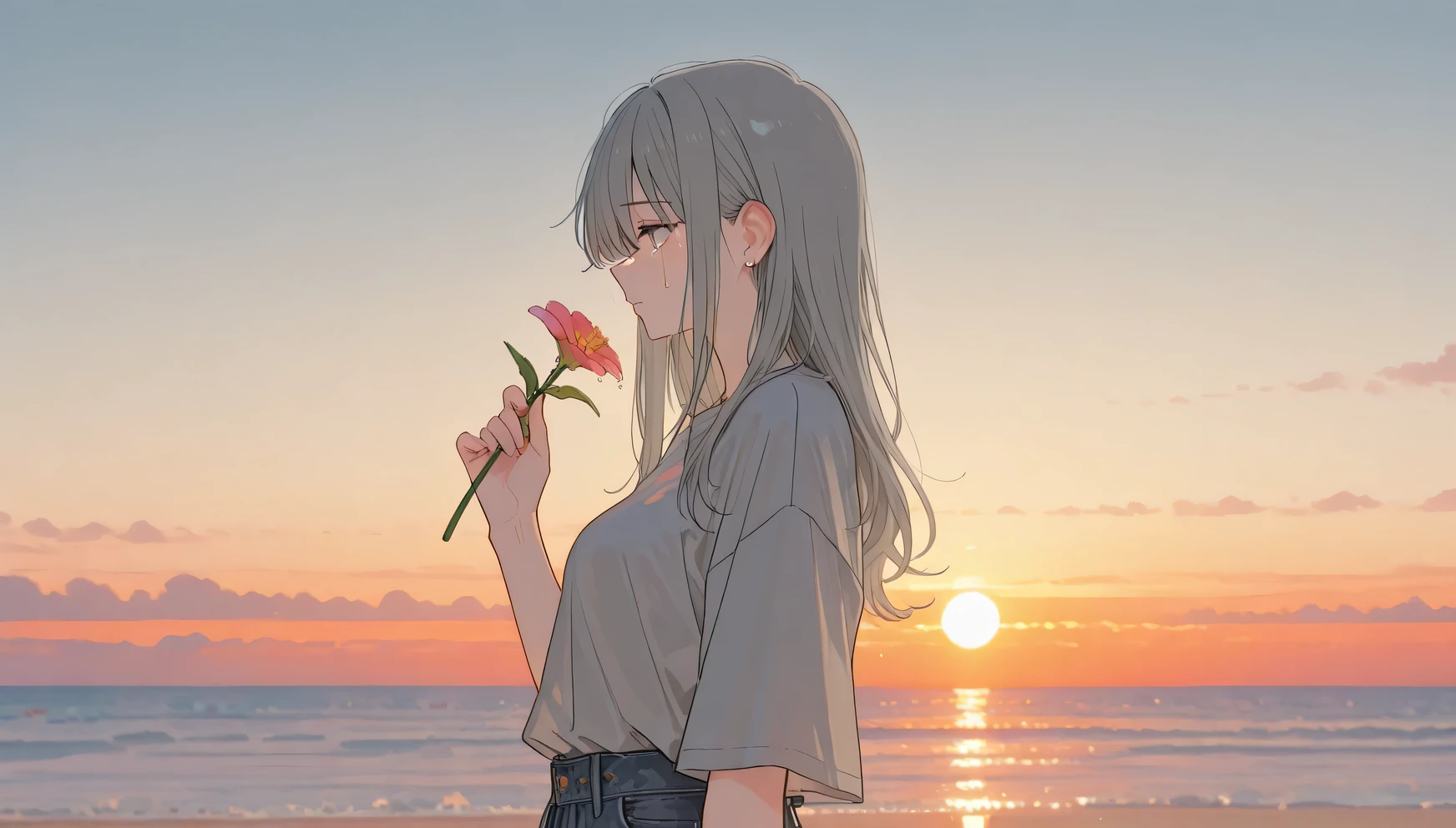 1women、ash gray long hair holding 1 flower、profile、From the waist up、1本の花を持っている、 a ray of tears、Sunset、sea、Tees