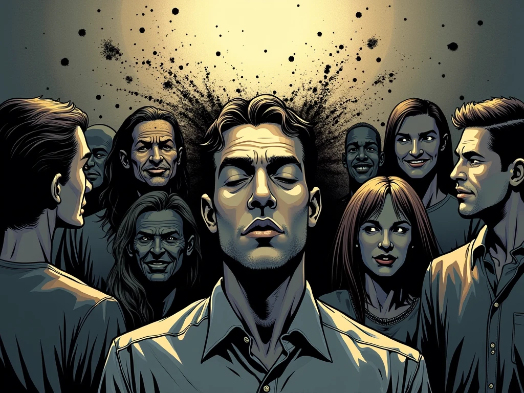 comic image of topless clothed group of three men screaming eyes wide open,mouth wide open and their scalp open and cerebrum is showing with wires leading to a big top hand