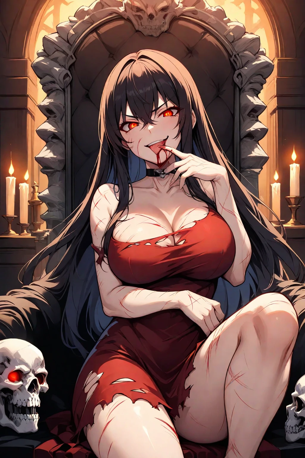 1lady , Night Hunter, Glowing red eyes, Night, creepy smile, Scary, heal
Hard lighting, Best quality, Intricate, Highly detailed, Masterpiece, cleavage, Big breasts, Blood, Blood on the breast, blood on mouth, Blood dripped between the breasts