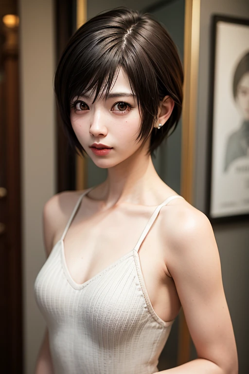Fubuki from opm, realistic, age 25, pure white skin, black eyes, black bob hair, white button shirt, perfect face, perfect shape body, above large breasts, clothes covered upper body, 3d .(for mikasa)