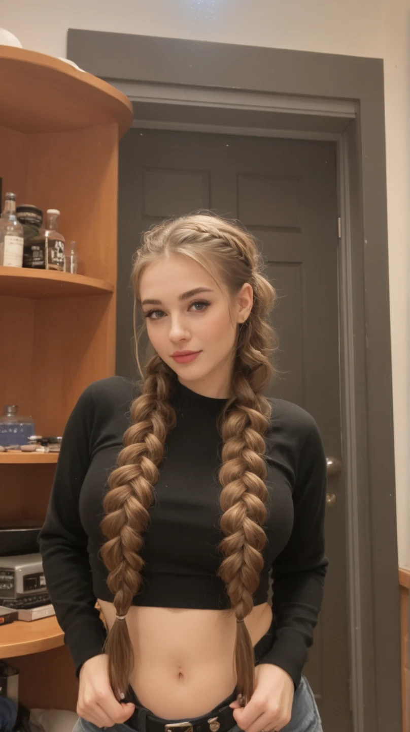 mature woman, 40 years old, blonde hair, clear eyes, big breasts, wearing sweater , in a hairdressers , hair braid , smiling face