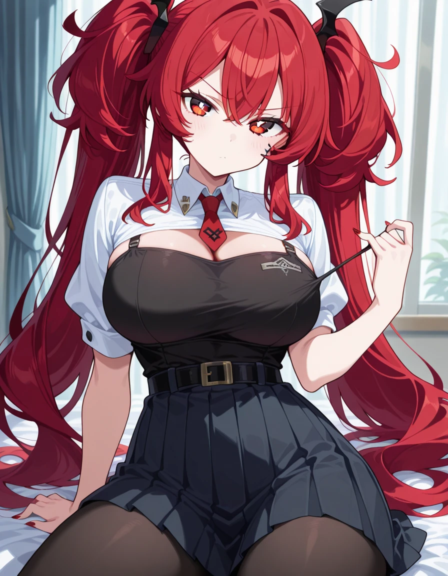 1girl, anime, long hair, red hair, green eyes, tight blouse, spaghetti strap, choker, large breasts, cleavage, partially open shirt, mini skirt, pleated skirt, beauty mark, slim waist, glasses, standing, thighhigh socks, outdoors, night, back alley, best quality, thick thighs,