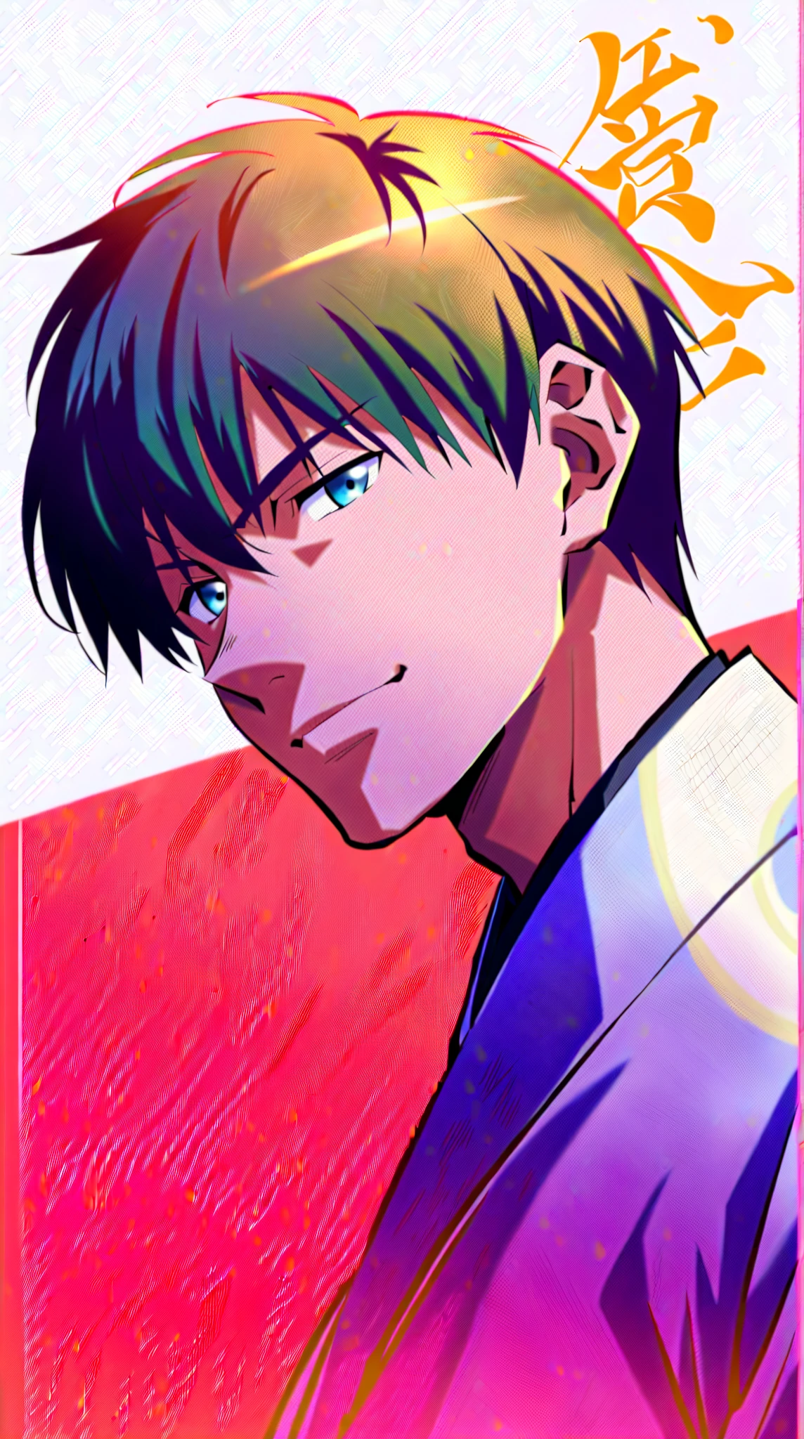 x,1 boy,Male focus, Solitary, shirt, white shirt, Shut up, black hair, Purple Eyes, Gentle, Looking at the audience, collared shirt, Upper Body, blue eyes, Bangs, Blue Background, Hair between the eyes,