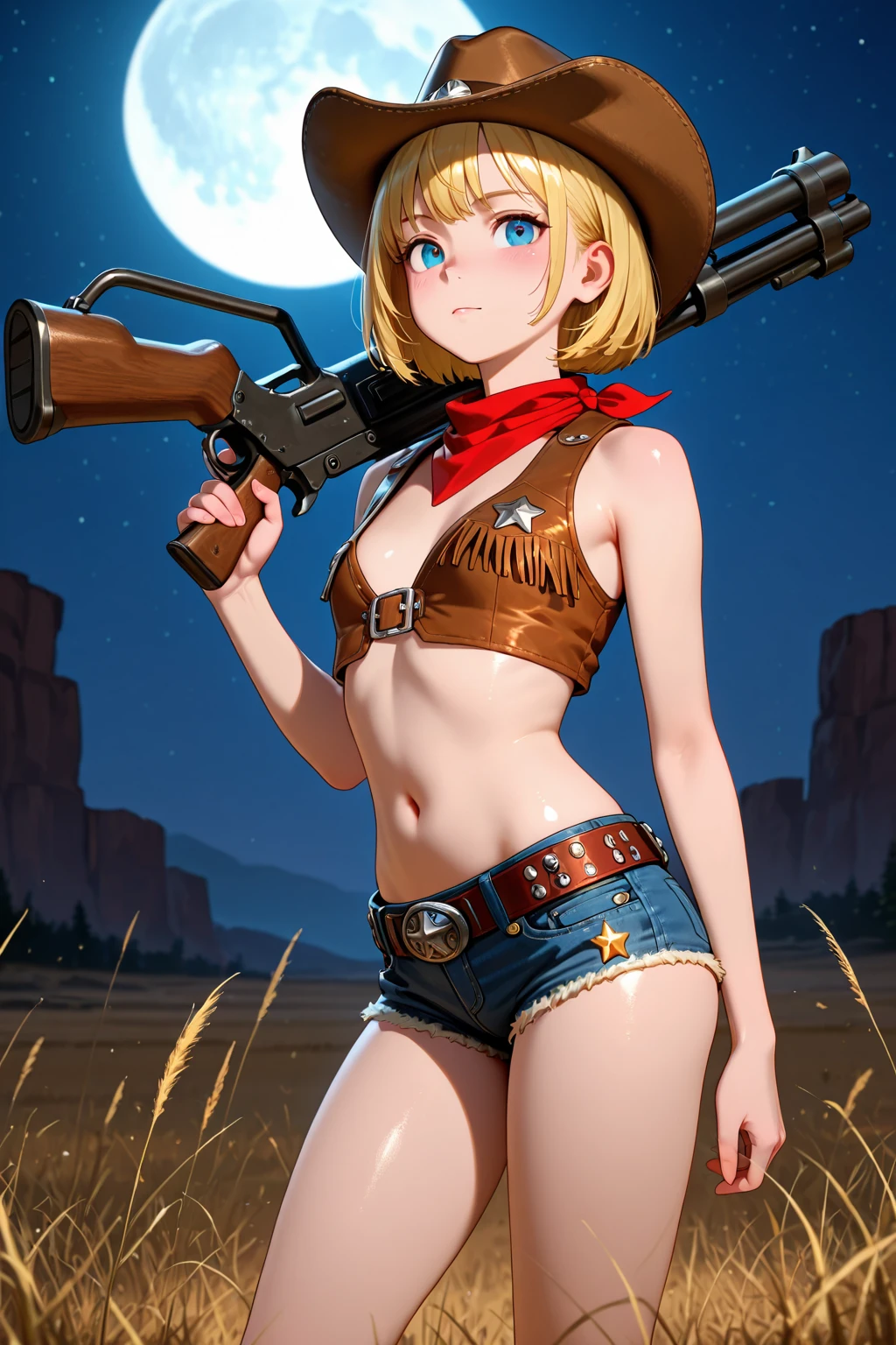 (((nsfw:1.6))),(((nude:1.6))),(((1 person:2.0))),(((Naked Cowgirls))),(((Slim body 1.5))),(((Small Ass))),(((Wear a western hat:1.5))),(((Wear one belt:1.5))),(((Wearing an accurate watch:1.5))),(((Sandals))),(((Showing cleavage))),(((Showing your belly button))),(((Exposing thighs))),(((Small breasts:1.5))),(((Bare arms))),(((Her hair is blonde))),, Beautiful detailed girl, Very detailed目と顔, 緻密でBeautiful Eyes, Very detailed, High resolution, highest quality, masterpiece, Very detailed, 8k wallpaper, wonderful, finely, highest quality, The light shines on your face,(((basement:1.5))),((Dark indoors)),Beautiful Eyes,(((Blushed face:1.2))),(((Cowboy Shot:1.5))),(((Being drunk:1.5)))