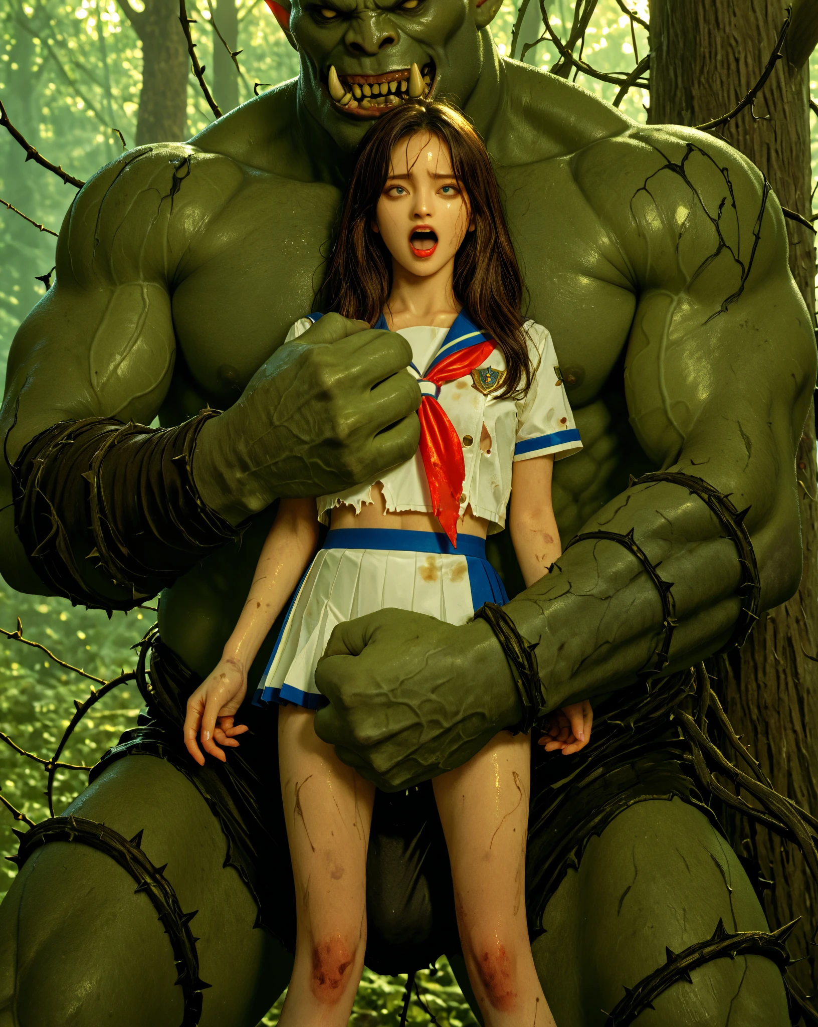 (darkness),(dark dungeon), stone floor, stone wall, (dark dungeo), (spotlight), 1 girl, 1 tall old oak, tall old oak groping from behind a girl in a red dress, pressing her chest against the girl's back, tall old ogre holding hips,talking in ear, angry expression, tall old orc touches girl's belly, (old oak is tall: 1.5),(old oak tall stature:1.5), girl with long black hair, (girl is 15 years old: 1.5), girl has pretty face, girl is standard height:1.3, crotch, panty shot, upskirt, skirt lift, (((show off panties:1.3))), ((white cotton panties:1.3)), white cotton pantiess:1.5, crotch in panties, crack in panties, Camel Toe, (Pudendal cleft), pubic hair with legs open, skirt lift, skirt wide twisted, showing beautiful breasts, legs open, wide spread crotch, skirt lift, show off panties,panty shot,upskirt,skirt hold,show crotch,white panties,crotch,cameltoe in panties,beautiful leg,tall old orc and girl,