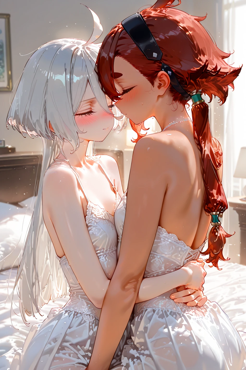 ((Pink and black twin-tailed beauties)) ,(((anime-style cute face)))、(((nude)))、（Healthy system）、Highest quality、超High resolution、High resolution、Extremely detailed CG、8K Unit Wallpaper, Very smiling, (((Small cute beautiful breasts))), Beautiful and seductive,Highest quality, Best Anatomy,Cleavage、Cute nipples standing、Beautiful areola、Large and muscular thighs、Depth of written boundary、Focus is on the face、blush、Lewd、Close-up of face and chest、（Healthy female body）、looking at the camera、Luxury love hotel bedroom、Shot with a standard lens、（（Photographed from diagonally in front））、Lewdな雰囲気、Lots of sweat、Correct pink female genitalia exposed、（（（Deep Kiss）））、Embrace each other