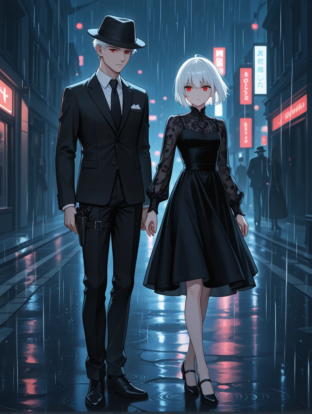 women, anime, White hair, Blue eyes Diamond, elegant black dress, night time, on the street, walking, under the rain.