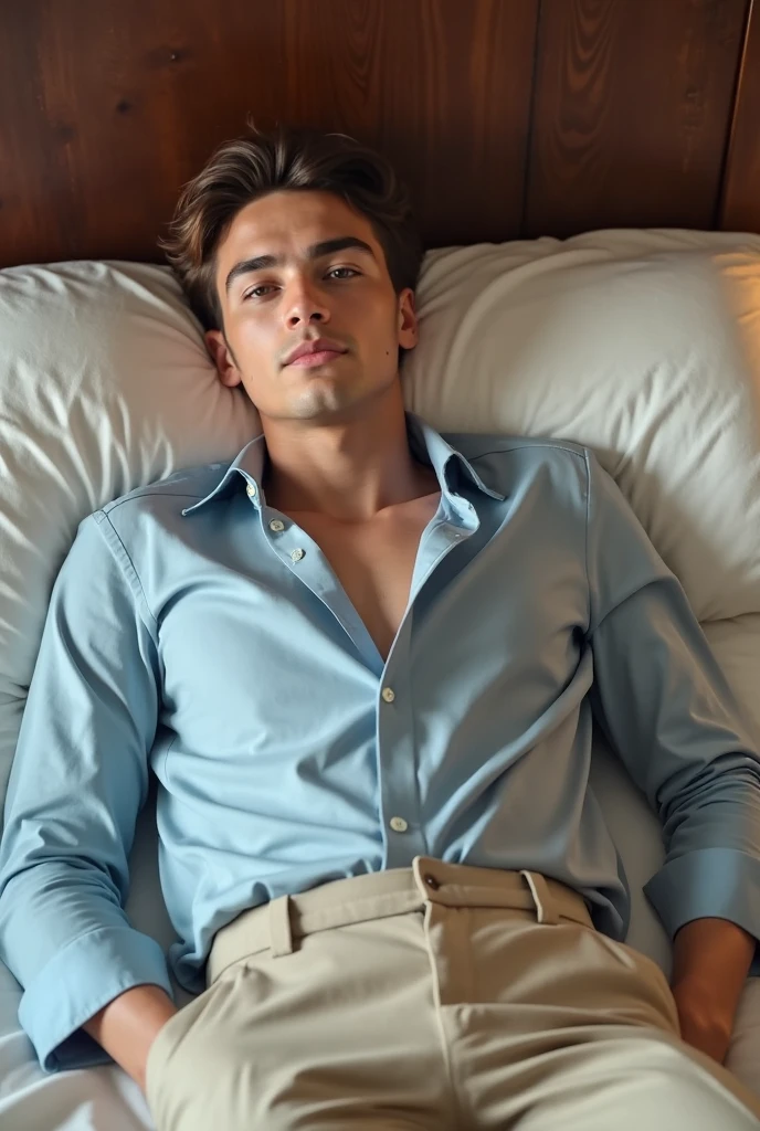 A cool boy 18 year old wearing a blue jean attractive abs fully unbuttoned shirt lying with his girlfriend on flowers spread bed 