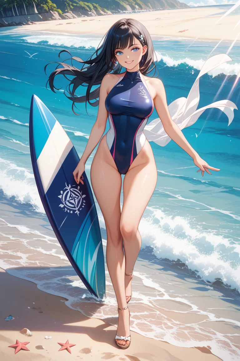 A hyper-realistic、ultra-detailliert、top-quality、hight resolution、20-year-old Japan goddess photographed wearing black and white bikini on the beach, long brown hair and voluminous hair,,,,,,,,,,,,,、Gravure Idol G Cup, Swimsuit, Holding a red surfboard、Holding a scarf in your right hand、swim wears, realistic bikini, wearing a swimming wear, Fine details. Wet swimsuit,　Precise pubic center position、Dents in the pubic area are clearly visible、accurate fingers(ultra-detailliert)