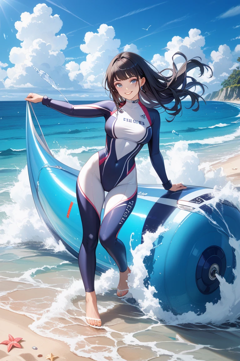 1lady solo, standing on beach, (holding surfboard under arm), /(wet suit/), mature female, /(black hair/) bang, blush kind smile, masterpiece best quality:1.2) delicate illustration ultra-detailed, large breasts BREAK beach outdoors, gentle wave, horizon, detailed background