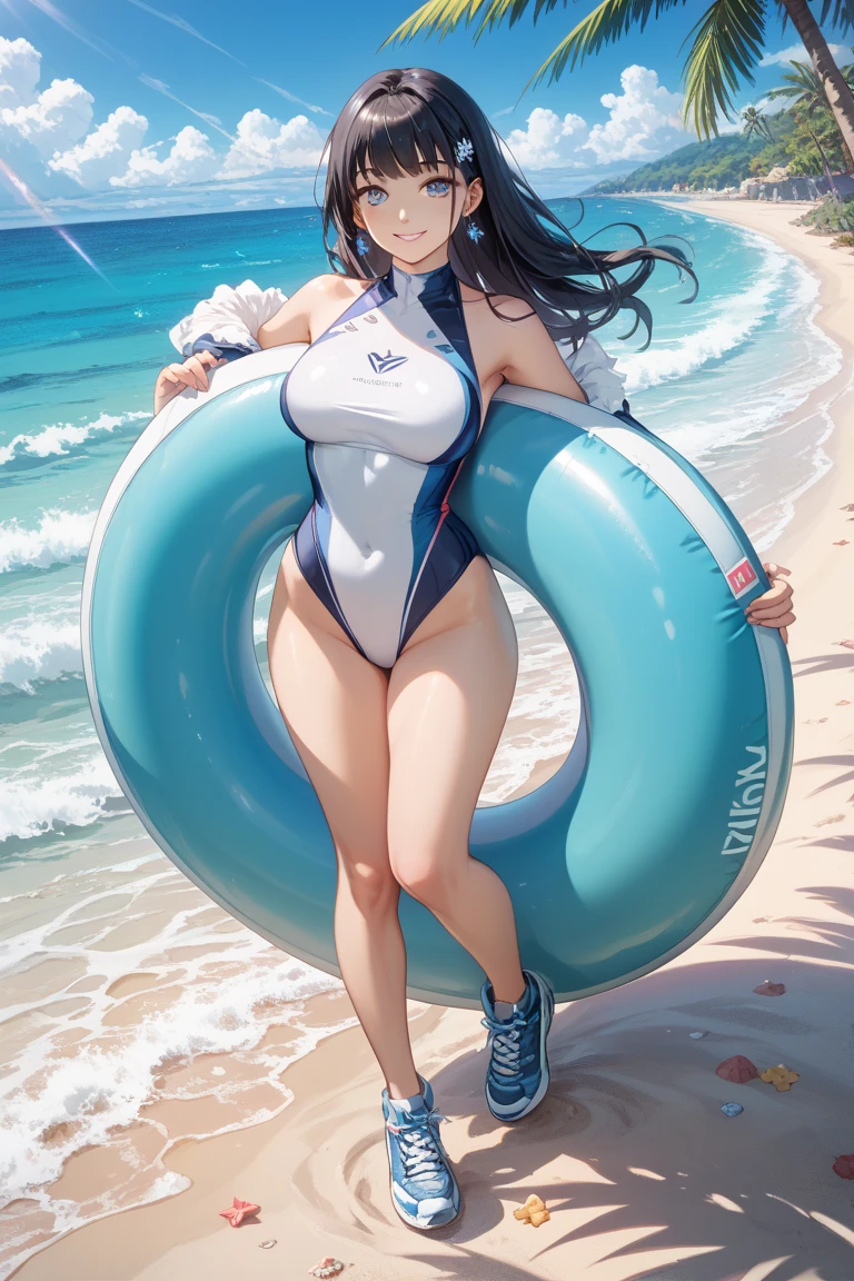 masterpiece, best quality, very aesthetic, absurdres, 1girl, mature_lady, full body, Stretching, Beach Volleyball, swimming_suit, playing Volleyball,,Kamisato Ayaka,Kamisato Ayaka(genshin impact), light blue hair, blunt bangs, a small gold ornament, grey eyes, ponytail ,,on beach, sweat, floating water,sunshine,sky,cloud, outdoors, ,blur background,background defocus,floating hair,