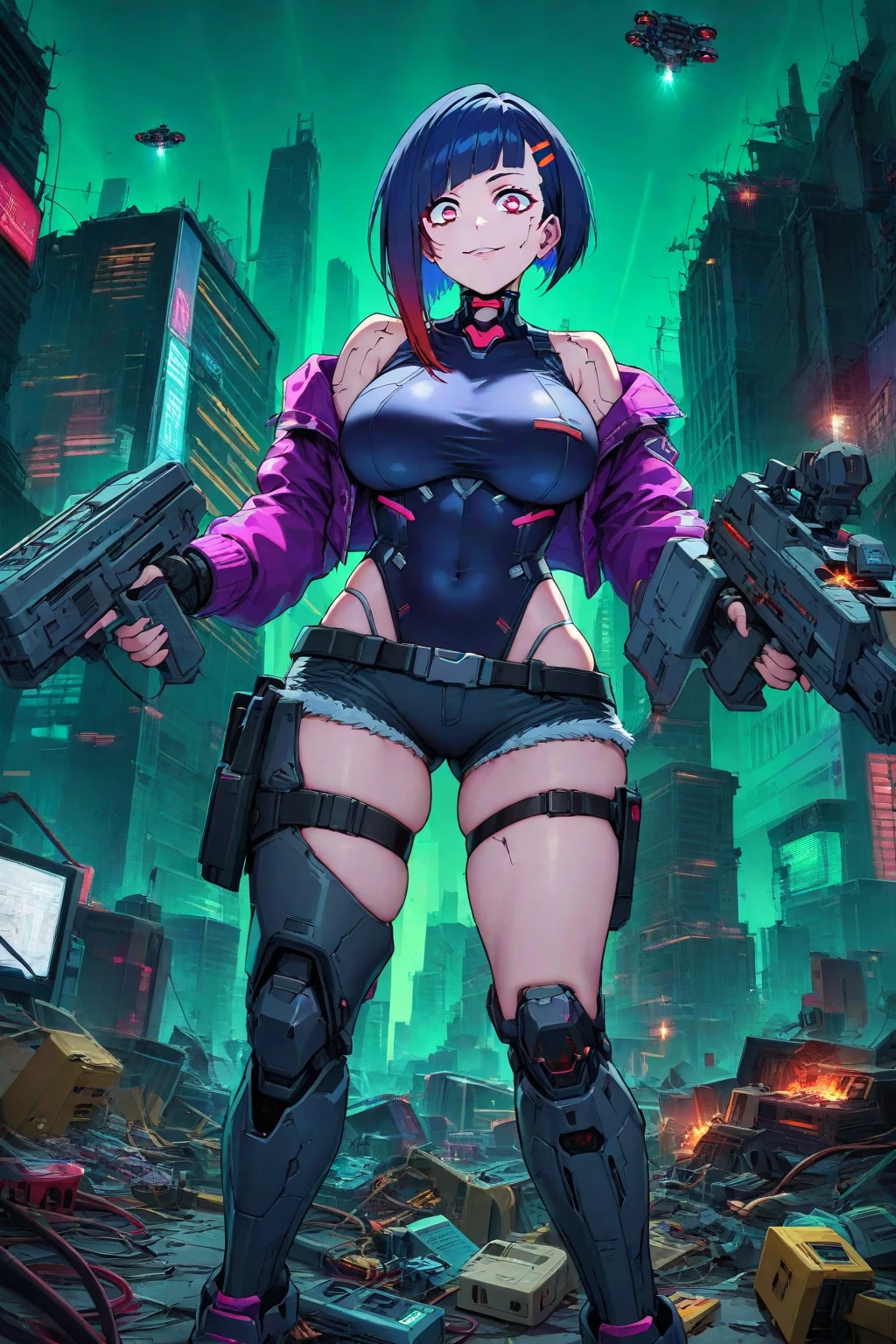 (1girl) wide hips, standing, bulletproof vest, cyberpunk, dystopia, ghost in the shell, blue camo, blue body armor, full body shot, whole body, solo, cleavage, cleavage cutout, bike shorts, exposed legs, bare legs, exposed thighs, bare thighs, exposed knees, exposed calves, nsfw, nude, naked, sexy, tight clothes, skintight, exposed shoulders, exposed stomach, exposed hips, city skyscraper, street, tower, apartment, glowing eyes