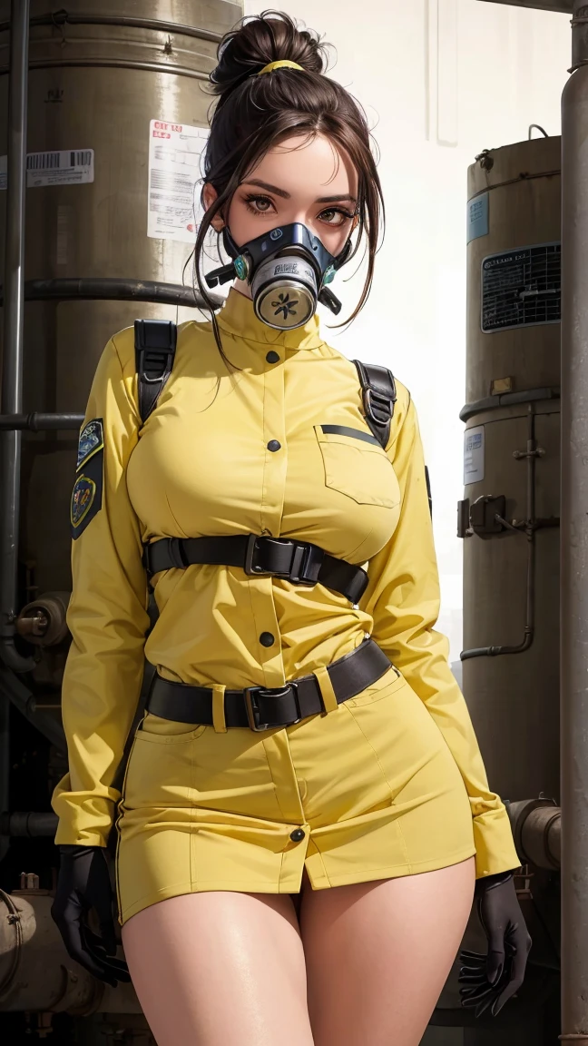 firefighter, realistic, 4k, cinematic, anime, 1girl, cute, 22yo, perfect face, beautiful, extremely beautiful, medium boobs, charismatic, helmet, protective pants, yellow themed clothes, firefighter clothes