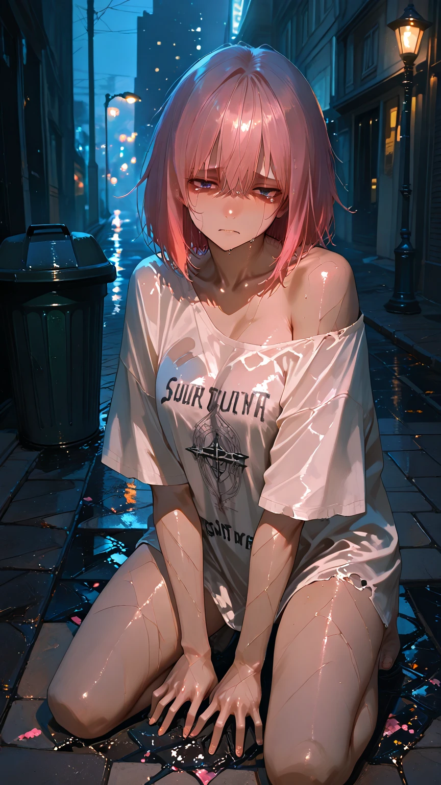 Best Quality, Masterpiece, Ultra High Resolution, (Realism: 1.4), Original Photo, 1Girl, wearing a wet t-shirt dress in the rain, carefree, dancing, wet clothes, clinging, ddlcnatsuki,
