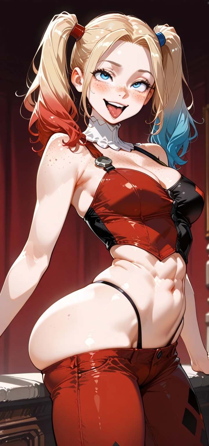 Erotic Harley Quinn wearing only red and blue panties, very sexy, thick thighs, big breasts, tight clothing, transparent clothing, cleavage