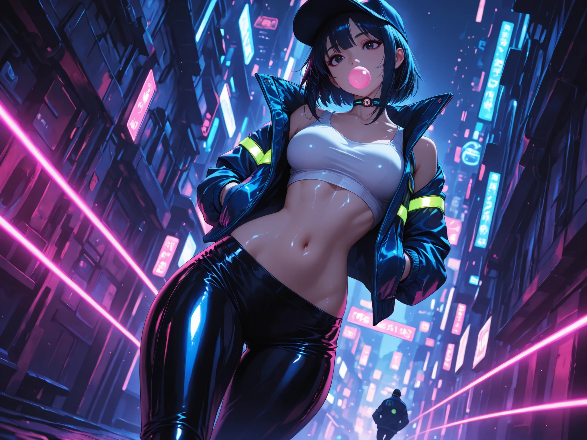 A android girl showing her body curves in a cyberpunk city, neon lights, extremetly detailed, shiny eyes, masterpiece, a cool open jacket,night, beautiful lights