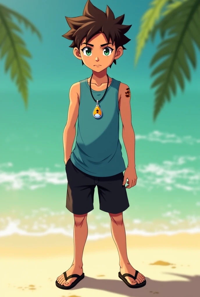 score_9,score_8_up,score_7_up,score_6_up, source_anime,1boy, young, skinny, nipples, aqua hair, black hair, colored inner hair, short_hair, purple trunks, swim trunks, cowboy shot, grey eyes, multicolored hair, solo, two-tone hair, beach backrgound