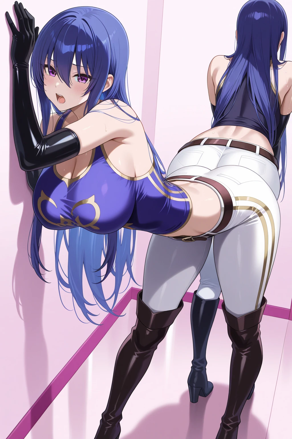 (masterpiece, best quality, illustration, game cg), solo, 1girl, nepgear, d-pad hair ornament, white leotard, elbow gloves, white thighhighs, blush, lips parted, ass view, picture in a feame, (glory wall pose:1.3)