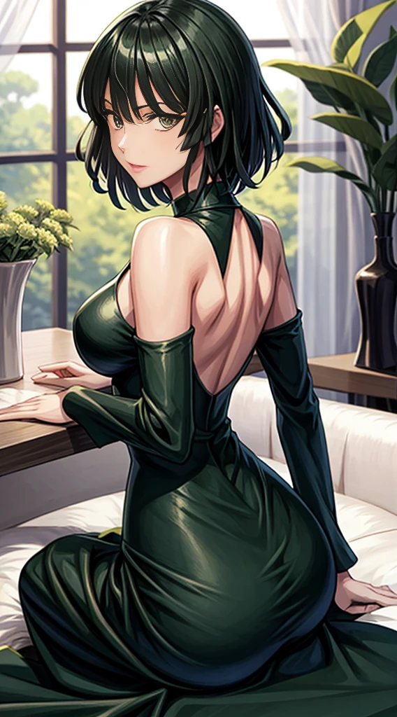 (Masterpiece),Delicate, Extremely detailed, Illustration , Studio Quality, fisheye lens, (Best Quality) ,Fubuki's photo, radiant light, blushed, glistening, glistening이는 피부, The ultra-detailliert, ((8K wallpaper)) ,Black hair, green eyes, Short hair, Big breasts, big size ass ,((perfect faces, Detailed face, Detailed Eyes,perfect hand,perfect hand가락)), blush, 1Girl, (Solo:1.4), smooth anime cg art, hotel lobby ,ratex_one-piece,green_one-piece,(long_one-piece), cowboy_Shot,pearl necklace,hotel_atmosphere_Background with, bare hands,Standing,(seductive posing), (prety), tight
