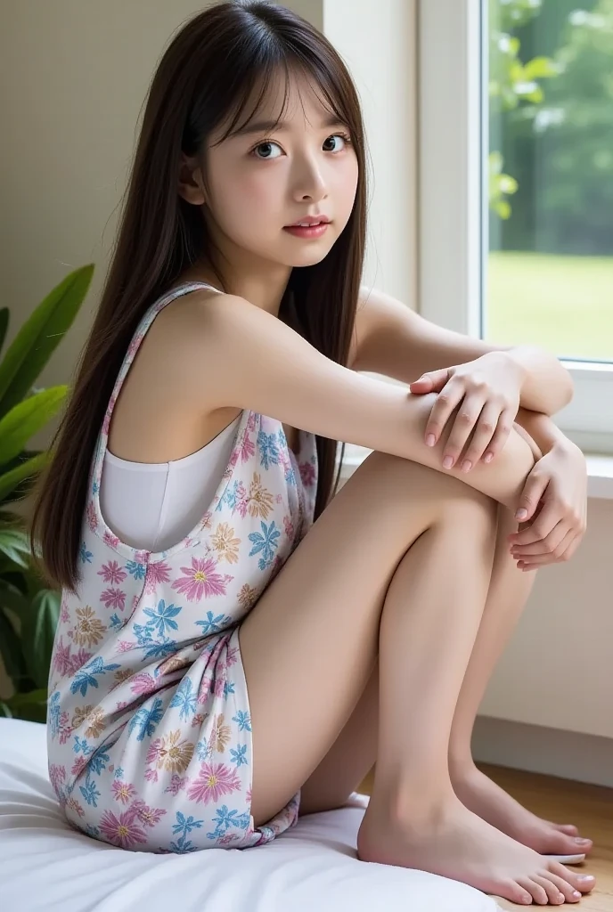 An ultra-high picture quality、Perfect Photo、14-year-old beautiful girl、Japan beautiful girl、middle school girl、light skinned、slender、tiny chest、lying on the bed、a miniskirt、With bangs、ankle、lamentation、is crying、Prone eyes、Semi-long hair、Straight hair、girl's own room、toe、sole of feet、thighs thighs thighs thighs、Calf、all-fours、lying back on、Skinny Legs、