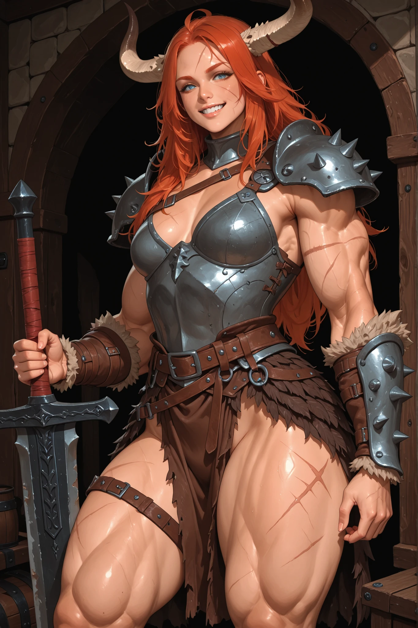 barbarian girl, muscle, fantasy, medieval, holding very large sword, smile with teeth, scar on face, long hair, thick thighs, mature, small breasts, light armor