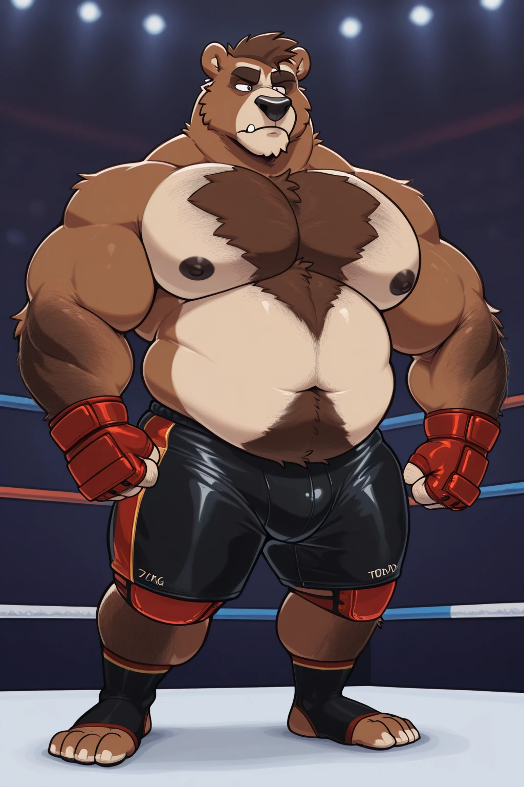 solo, 1boy, Huge Muscular Old Grizzly Bear wearing glasses, pectoral, huge pectoral, wide pectoral, brown fur, short brown hair, black competitive briefs, number 35 tag, wristbands and shirtless topless, bearded, brown Mustache, bodybuilding contest background, masterpiece, high detailed, 8k, high resolution, at the bodybuilding contest flexing and posing the whole body showing off sexy