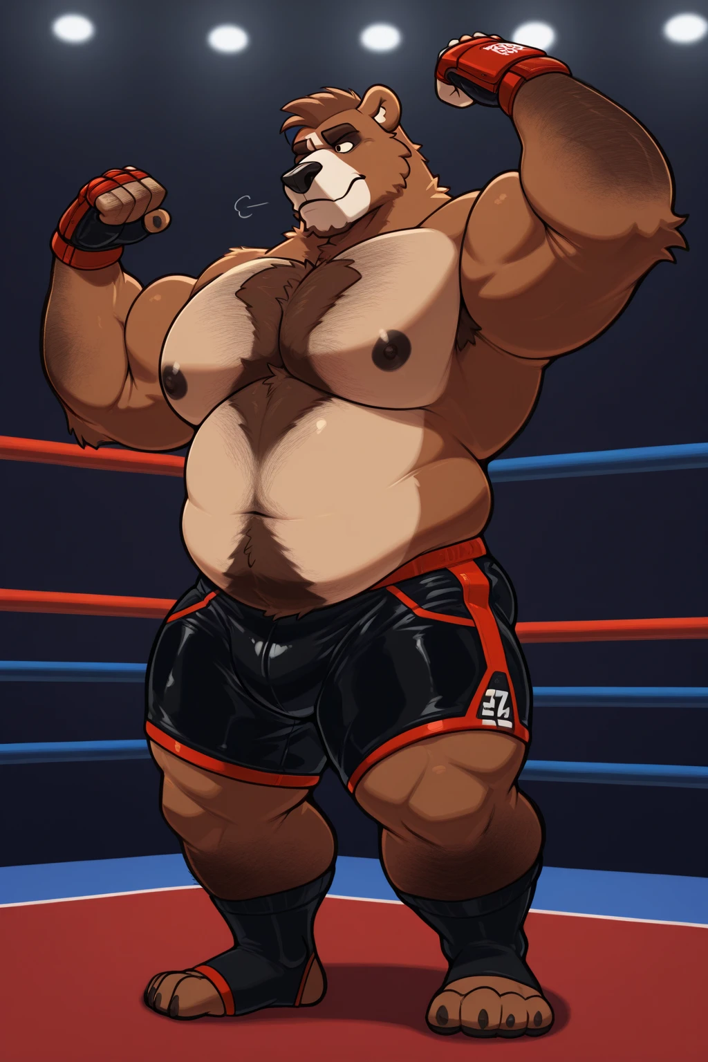 Super muscular boar beastman,(Wear a uniform:1.2),Blindfold,Painful expression,Mouth open and tongue out,Getting cumshot in the face by some guys,(Surrounded by huge, red and black erect penises),(A large amount of semen all over the face:1.3),Pro wrestling,(Anal Sex),scrotum,