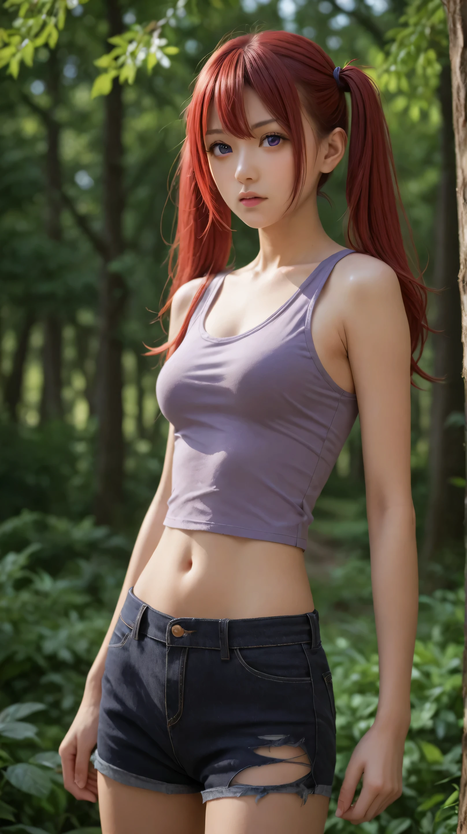 1girl, solo,noyamano ringo,scarlet hair,long hair,outdoors,potrait,forest background,medium breast,purple eyes,wear khaki tanktop,twintails, navel,torn outfit